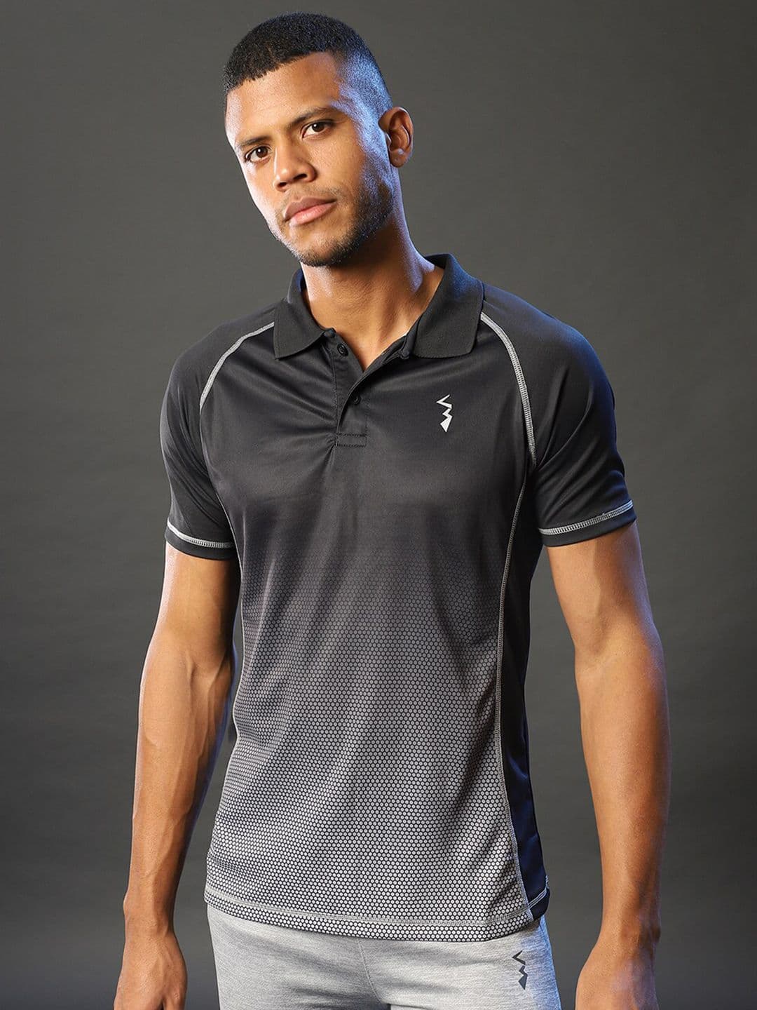 CAHOOT Men Black & Grey Tie and Dye Dyed Polo Collar Running T-shirt - view 1