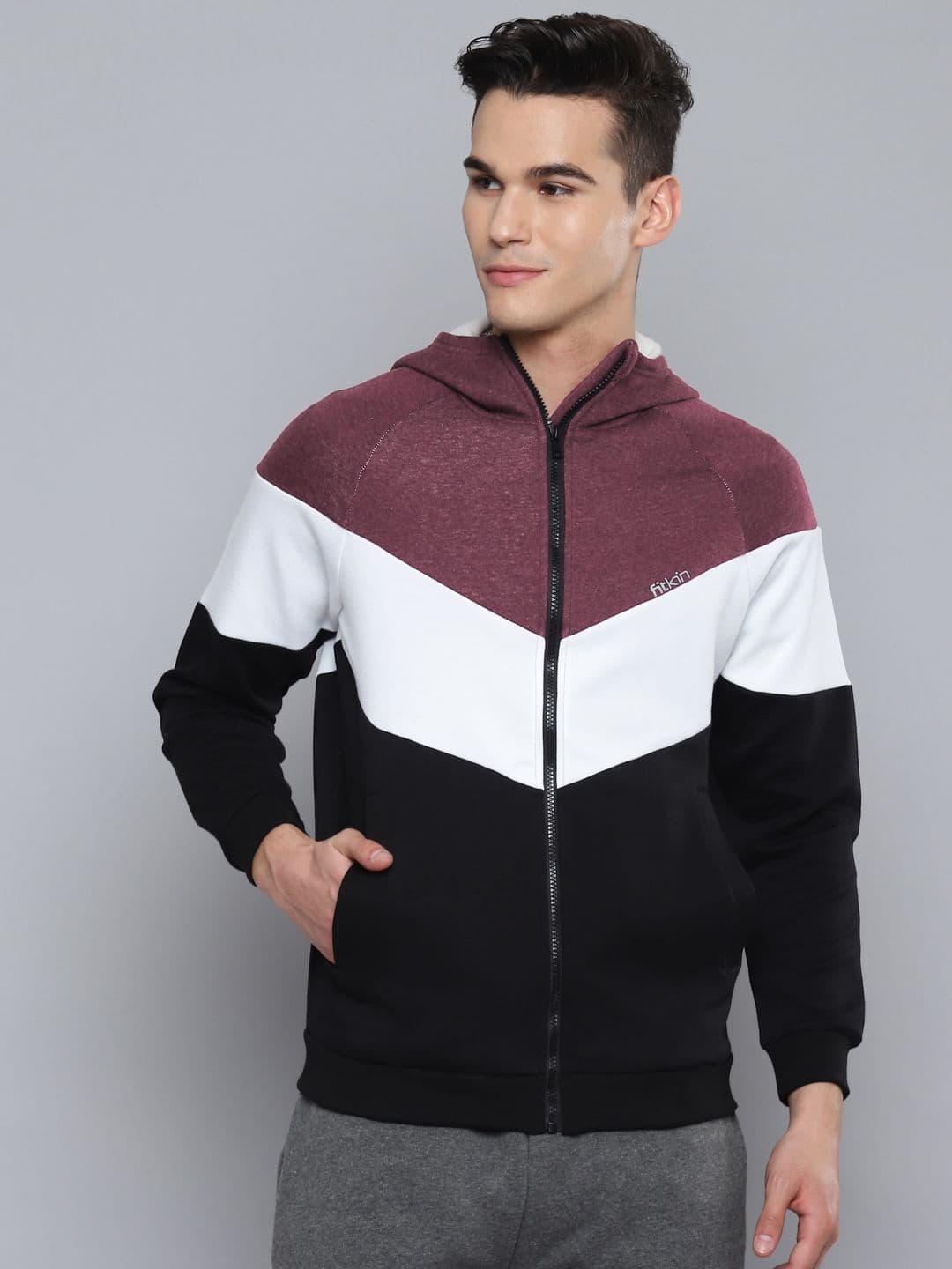 Fitkin Men Black & White Colourblocked Pure Cotton Sporty Jacket - view 1