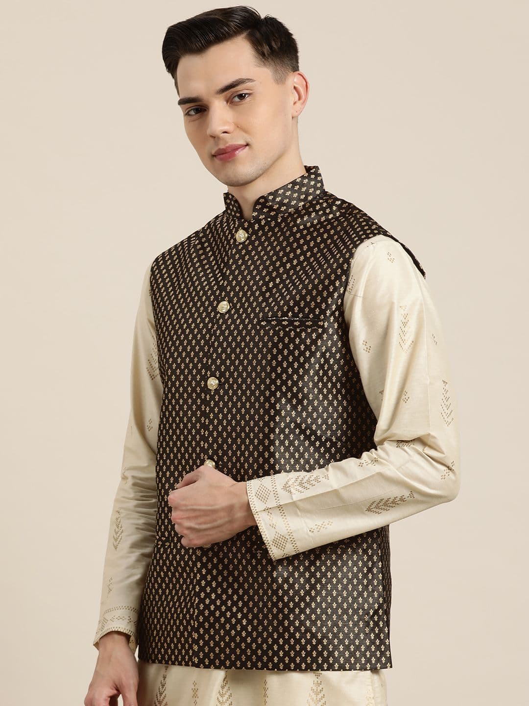 SOJANYA Men Black & Golden Self-Design Nehru Jacket - view 1