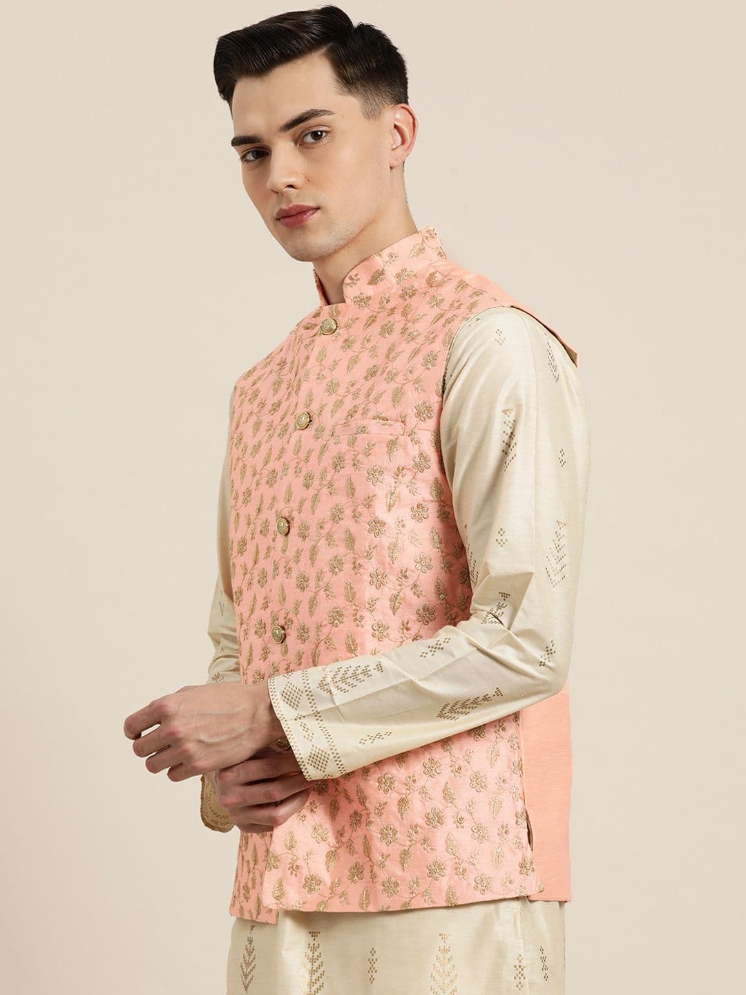 SOJANYA Men Pink & Golden Chikankari Embroidered Nehru Jacket - view 1