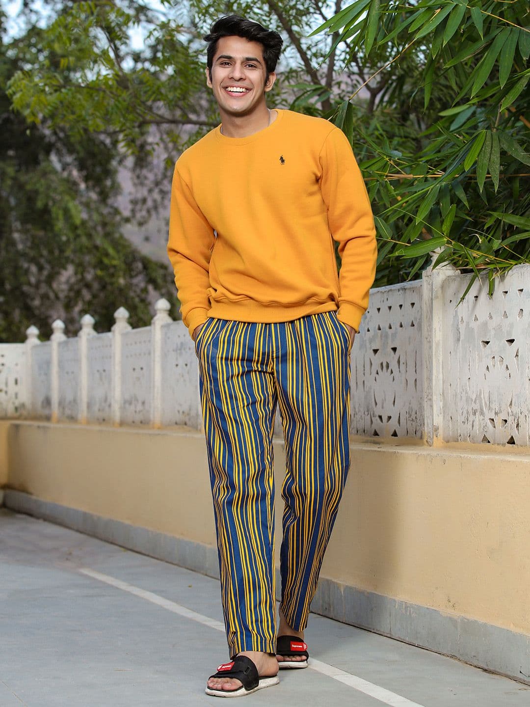 URBAN SCOTTISH Men Yellow & Black Striped Pure Cotton Lounge Pants - view 1