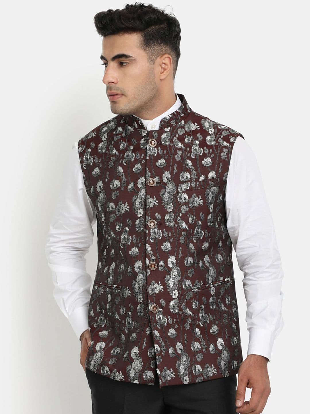 HOB Men Brown & Grey Woven-Design Nehru Jacket - view 1