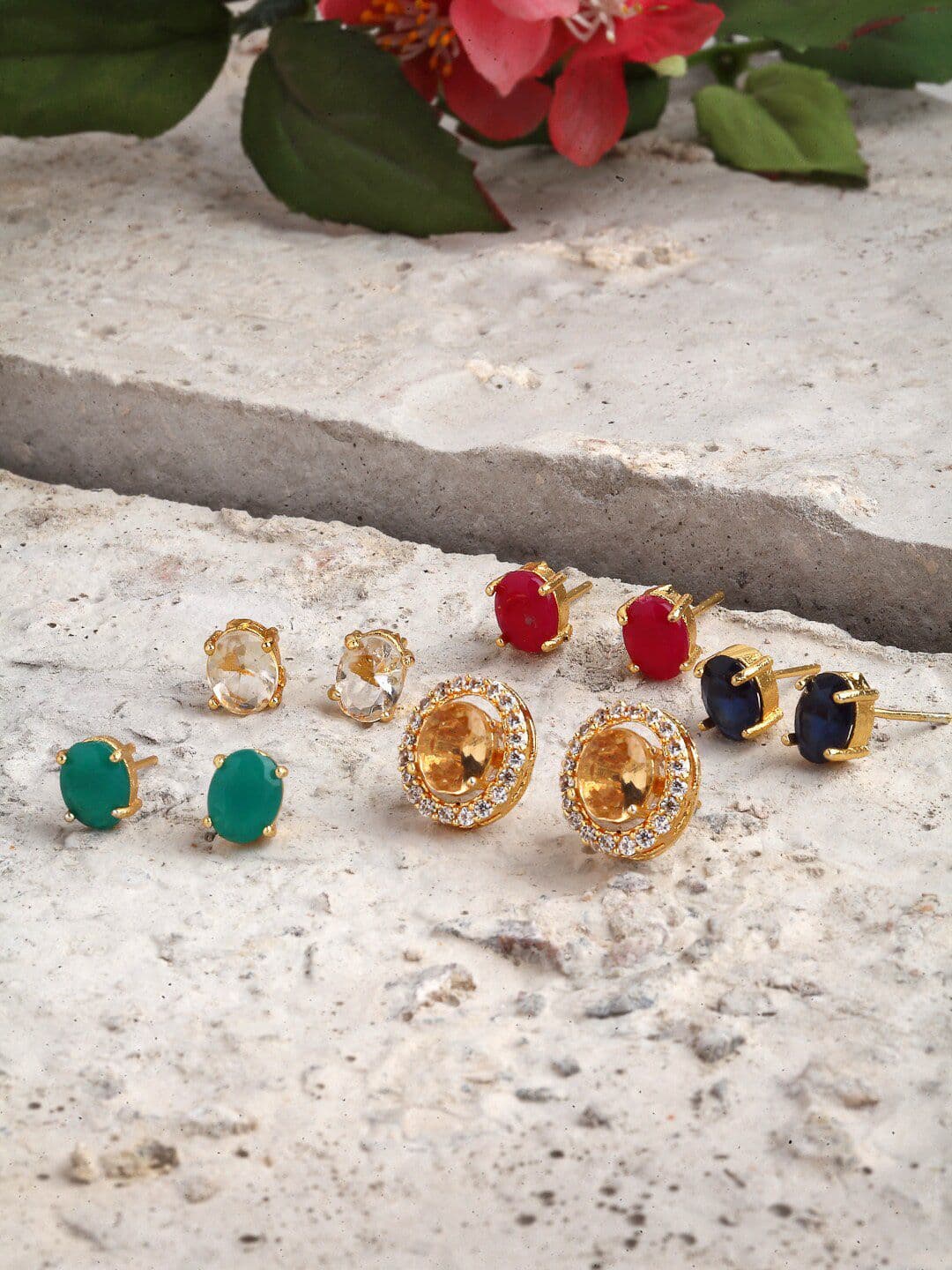 ZENEME Gold Plated Set of 5 Interchangeable Oval Studs Earrings - view 1