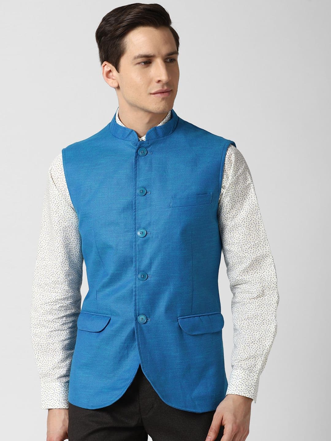 Peter England Elite Men Blue Solid Woven Nehru Jacket - view 1