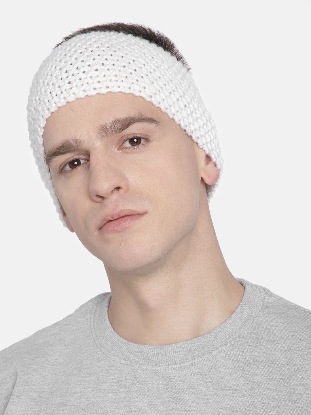 Magic Needles Men White Self-Design Knitted Bandana Woollen Headband - view 1