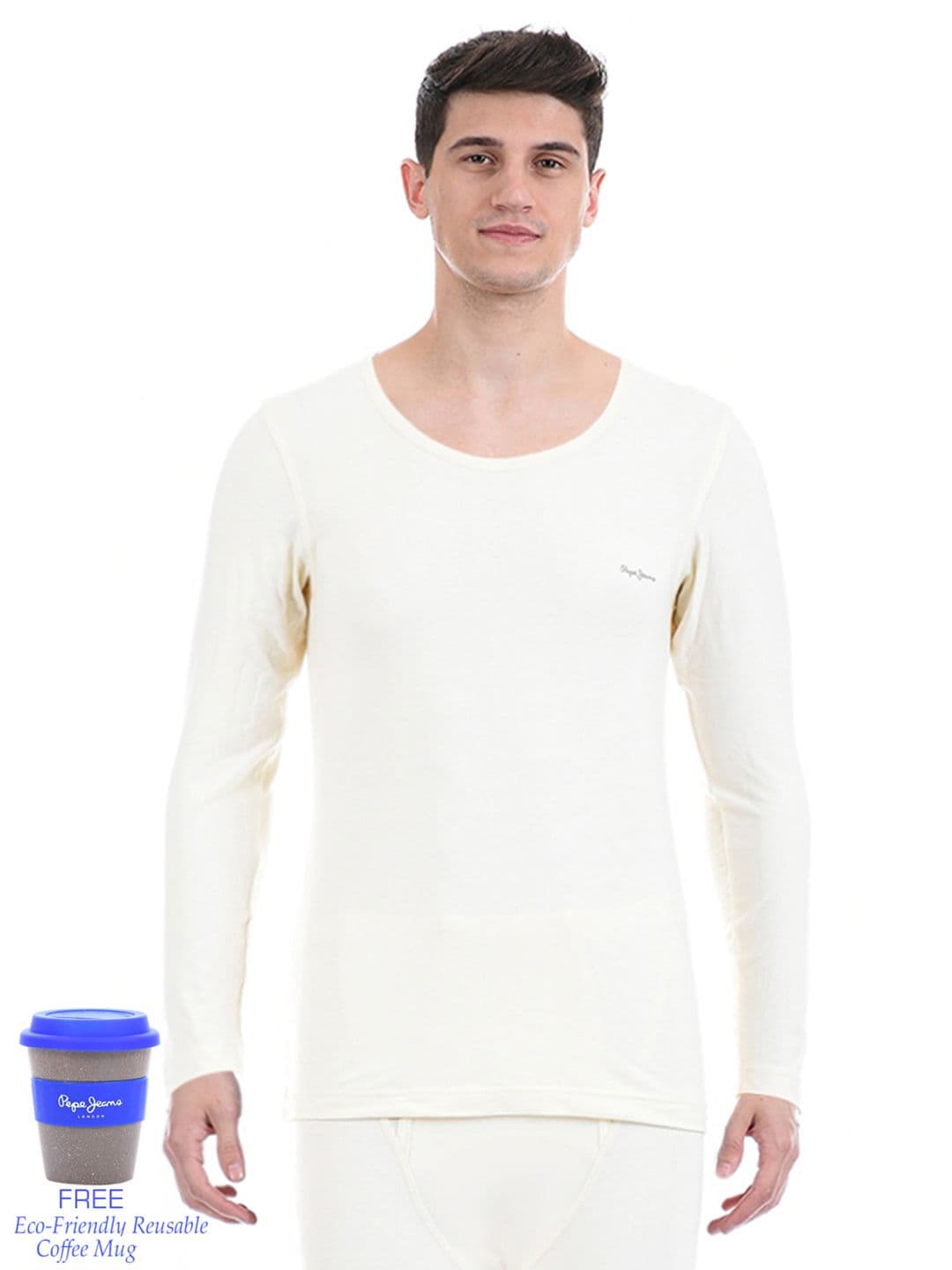 Pepe Jeans Men Off-White Solid Acrylic Thermal Top - view 1