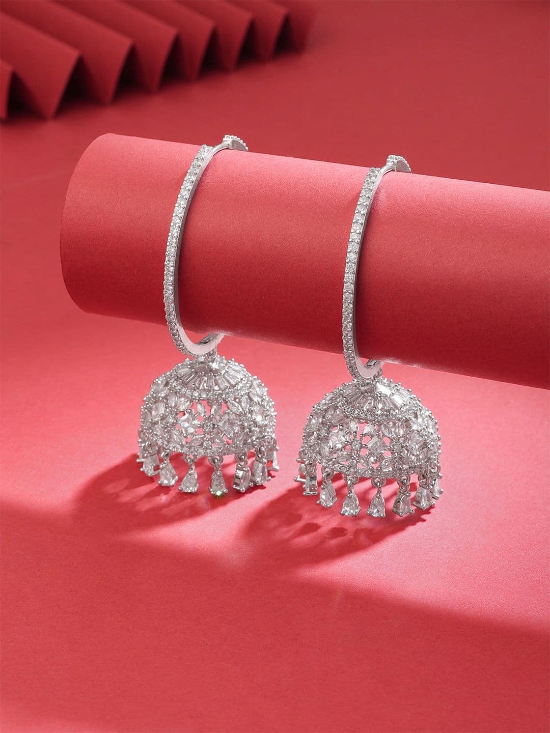 Yellow Chimes White Silver-Plated AD/American Diamond Hoop Jhumka Earring - view 1