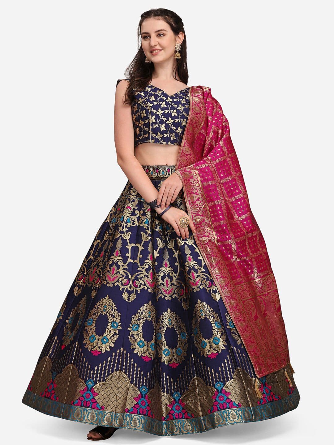 PURVAJA Navy Blue & Pink Ready to Wear Jacquard Lehenga & Unstitched Blouse With Dupatta - view 1