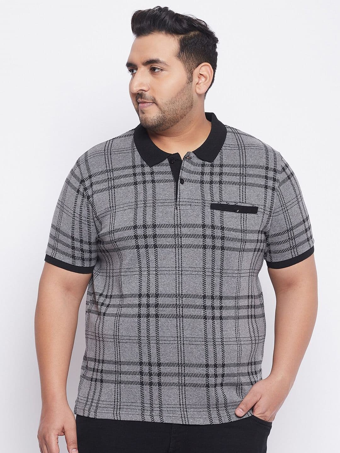 AUSTIVO Men Grey & Black Checked Polo Collar T-shirt - view 1