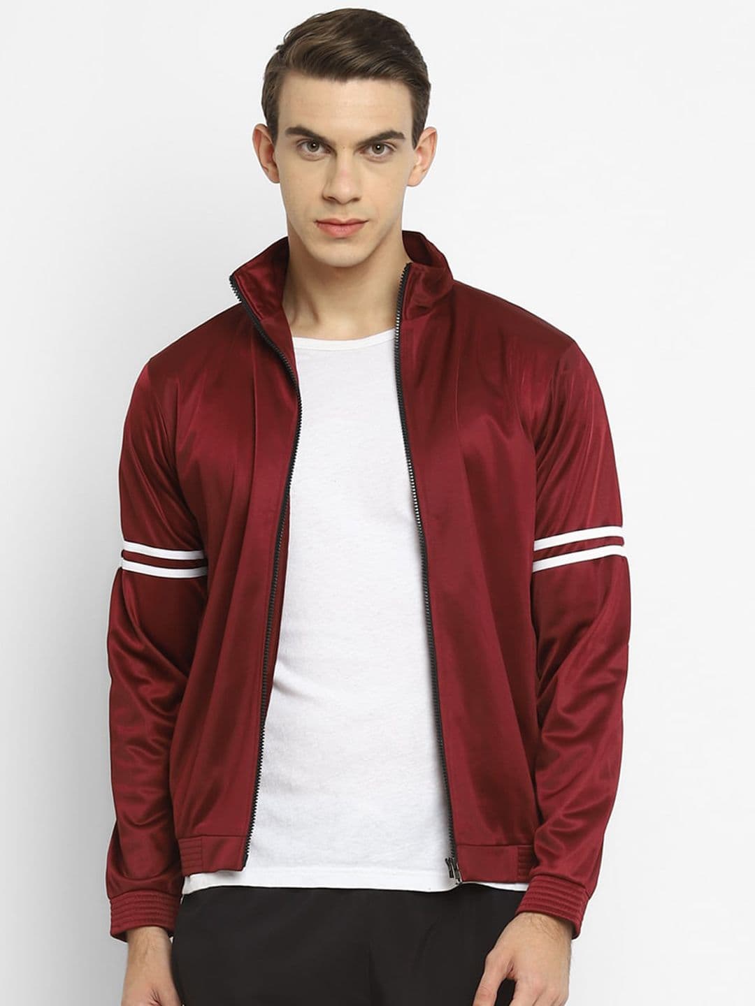 Yuuki Men Maroon & White Striped Lightweight Bomber Jacket - view 1