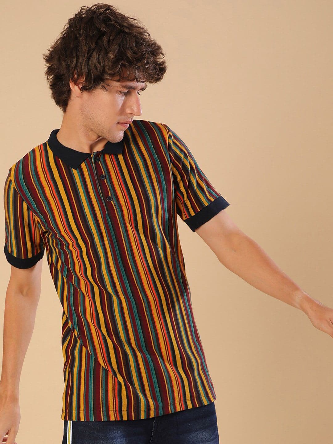 CAHOOT Men Multicoloured Striped Polo Collar Pockets Outdoor T-shirt - view 1