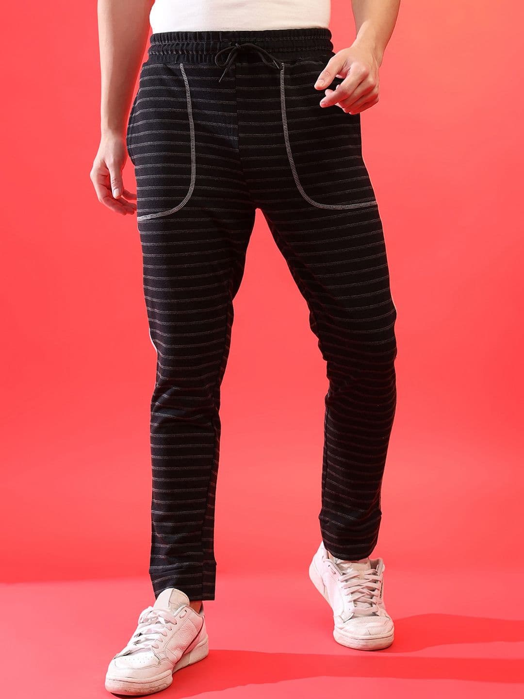 CAHOOT Men Charcoal Black & Grey Striped Cotton Joggers - view 1