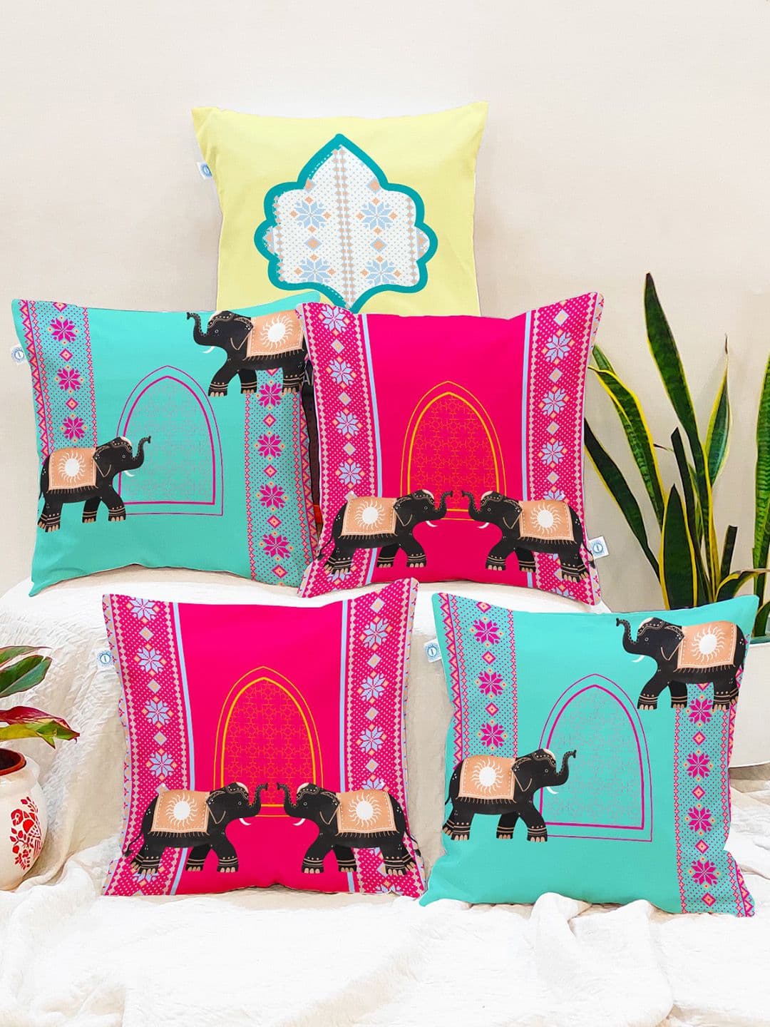 STITCHNEST Pink Ethnic Motifs Cotton 5 Pcs Patchwork Square Cushion Covers -16x16In - view 1