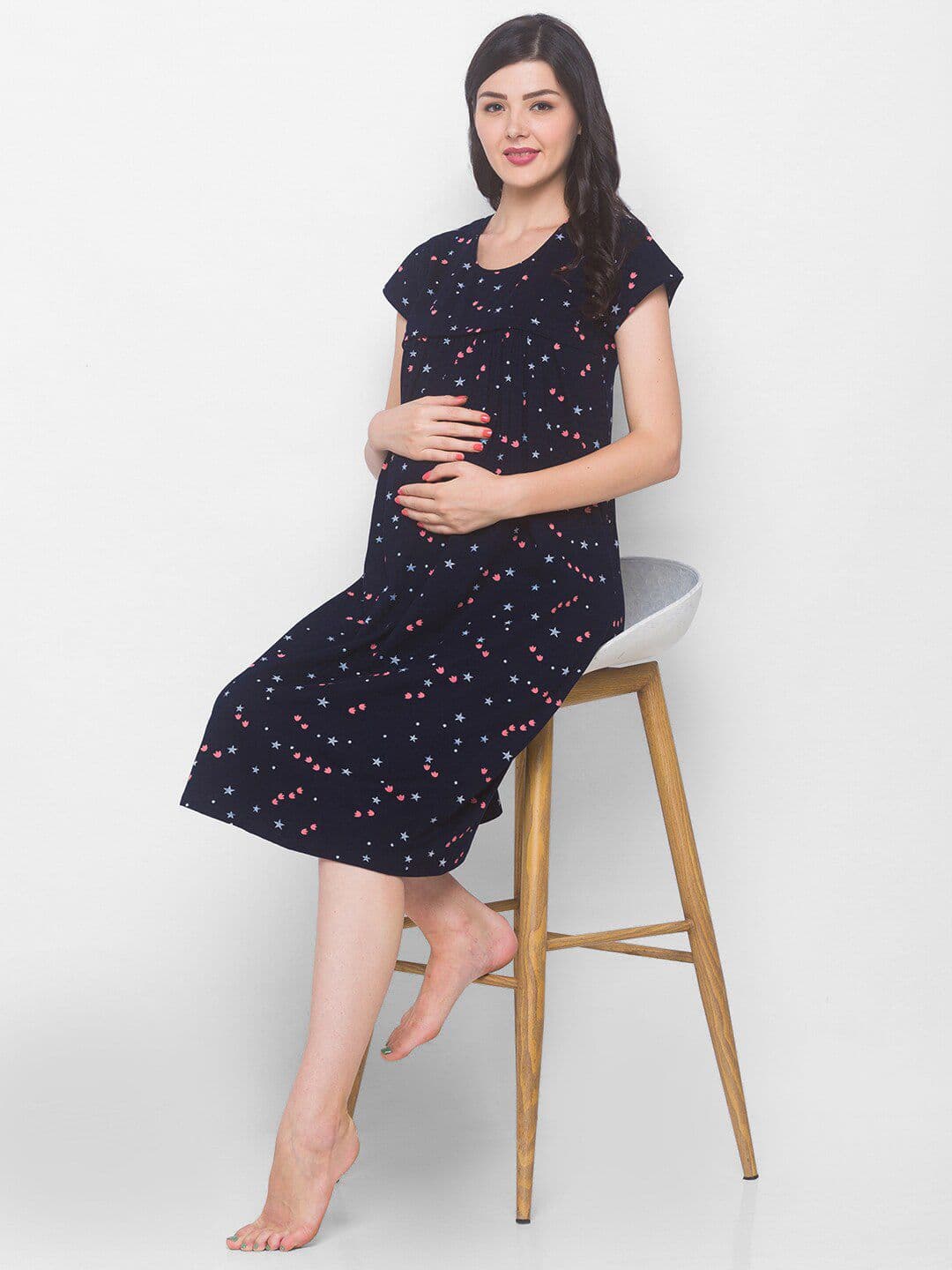 AV2 Black Printed Maternity & Nursing Pure Cotton Nightdress - view 1