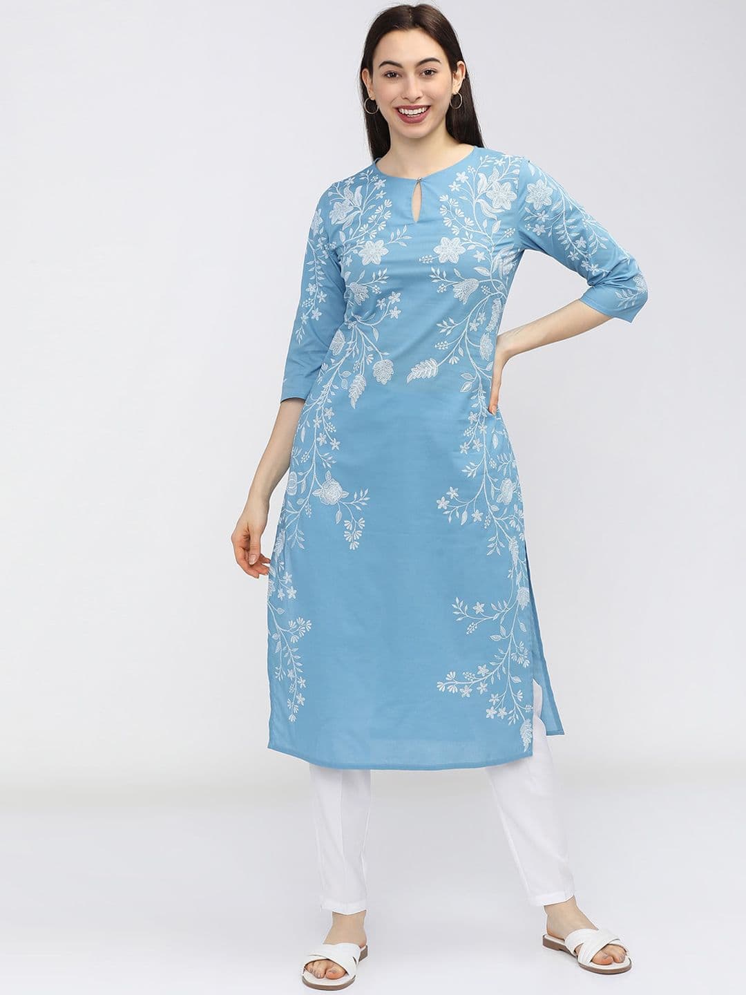 Vishudh Women Blue Floral Printed Keyhole Neck Kurta - view 1