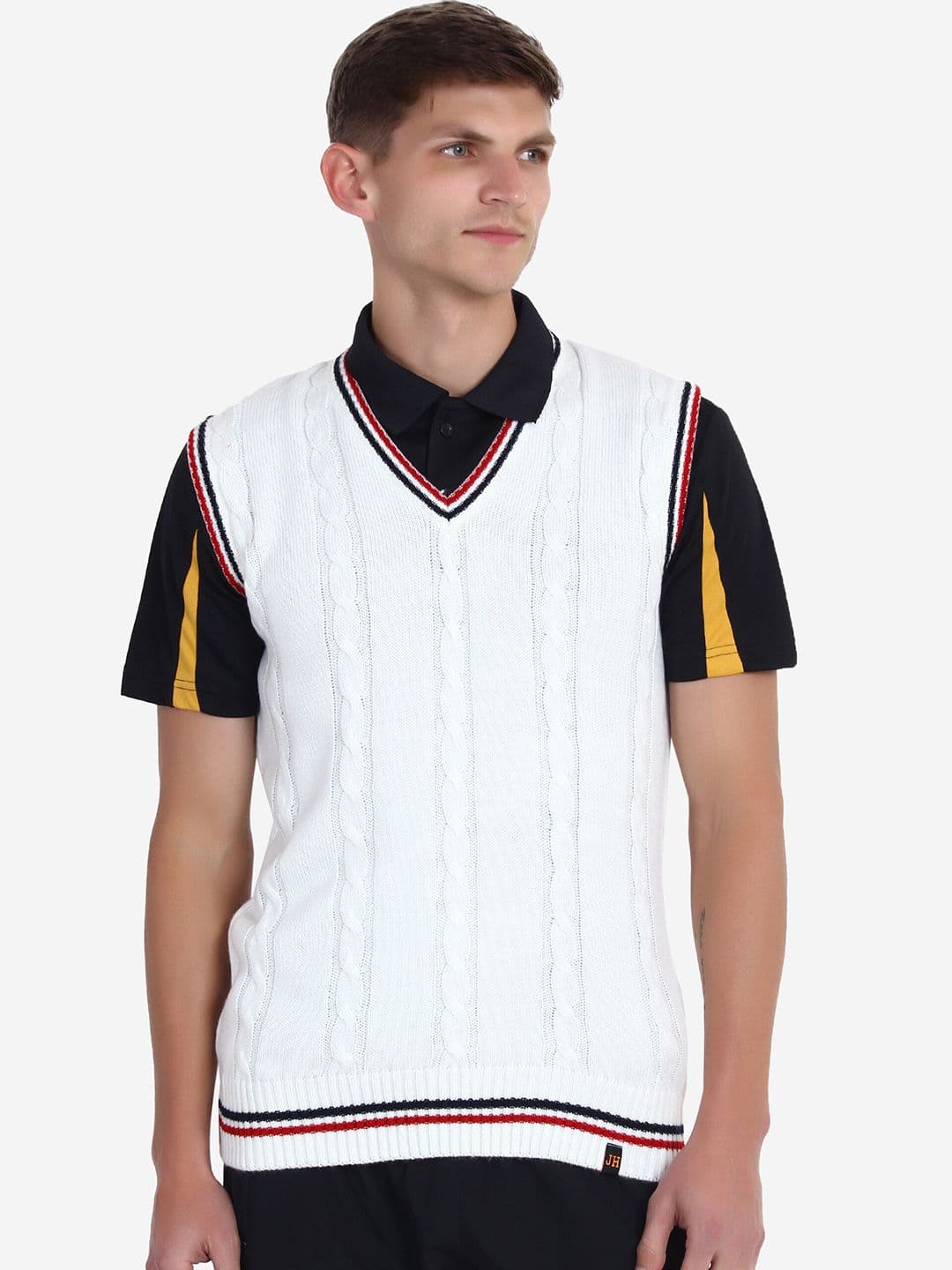 JoE Hazel Men White Self Design Acrylic Sweater Vest - view 1