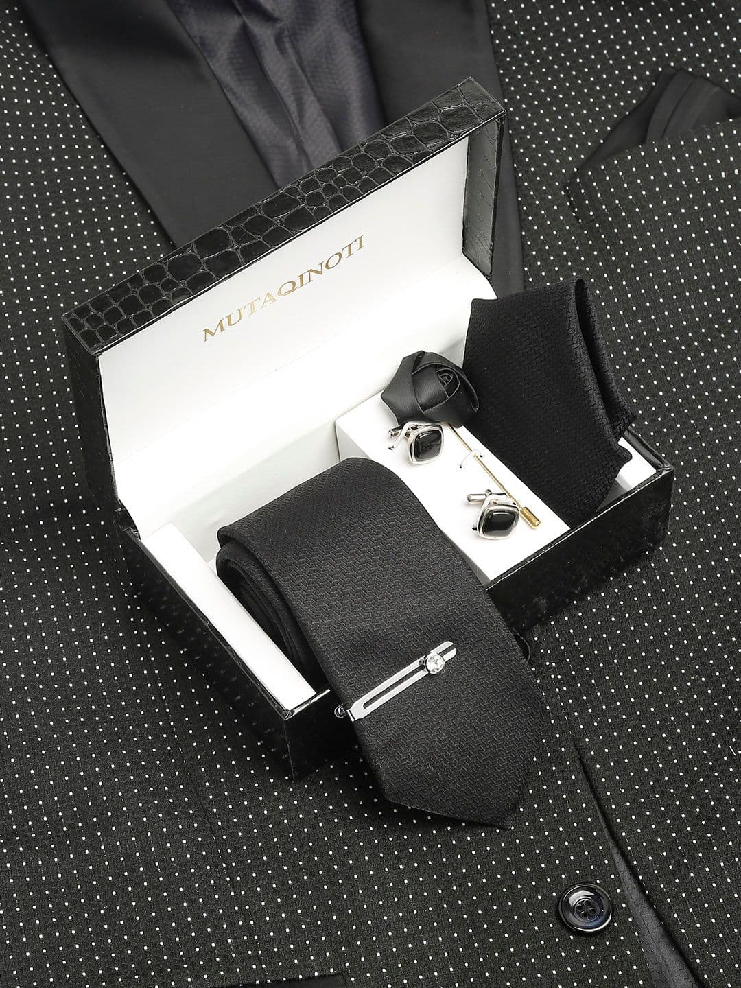 MUTAQINOTI Men Textured Silk Necktie Accessory Gift Set - view 1