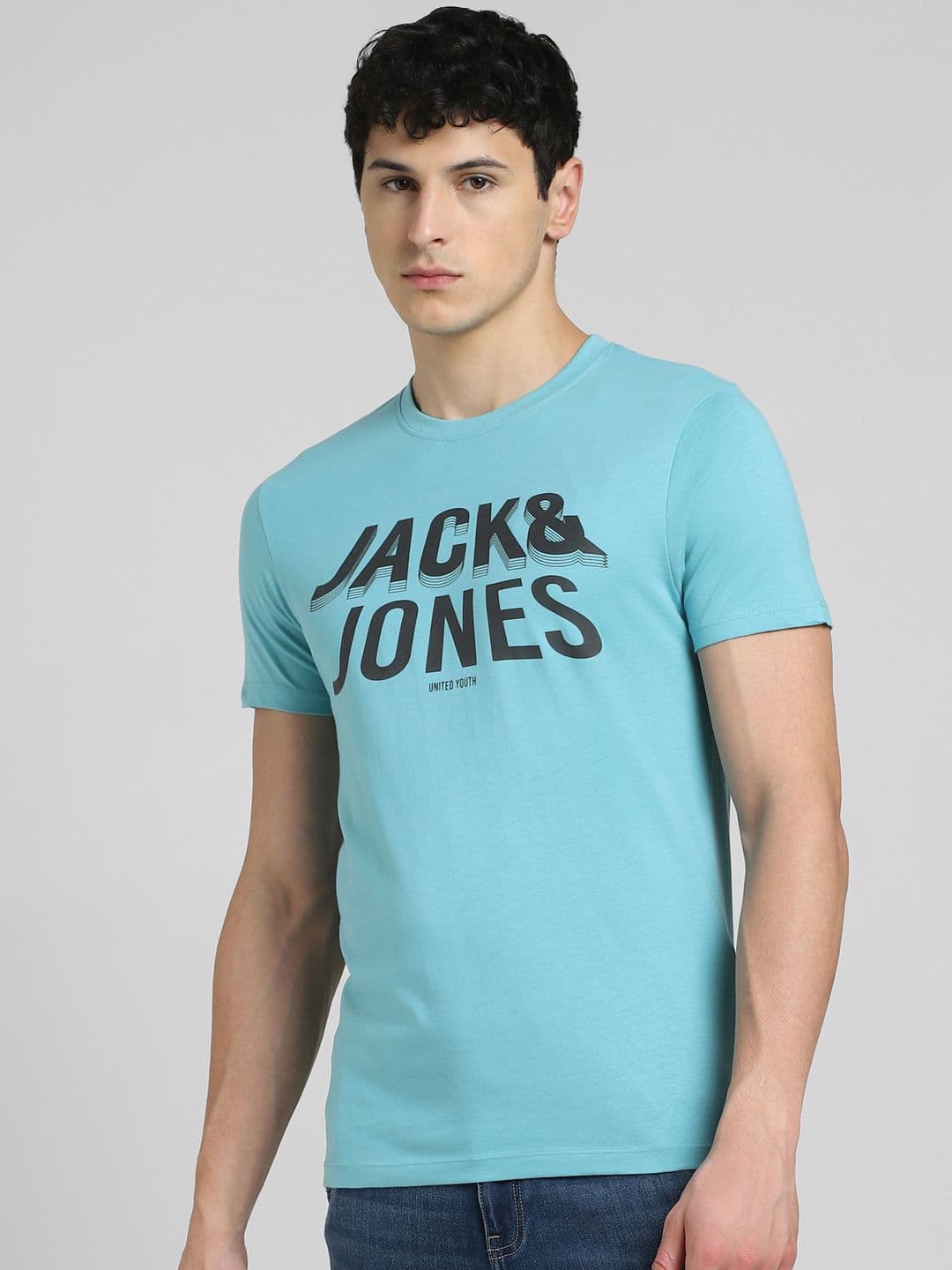 Jack & Jones Men Blue & Black Printed Pure Cotton Slim Fit T-shirt - view 1