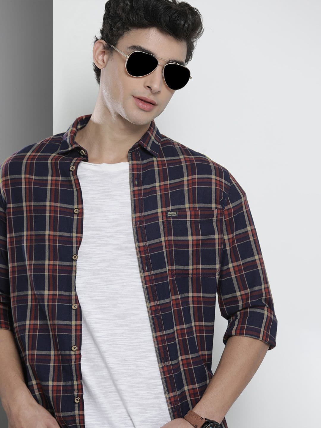 The Indian Garage Co Men Navy Blue & Orange Checked Casual Shirt - view 1