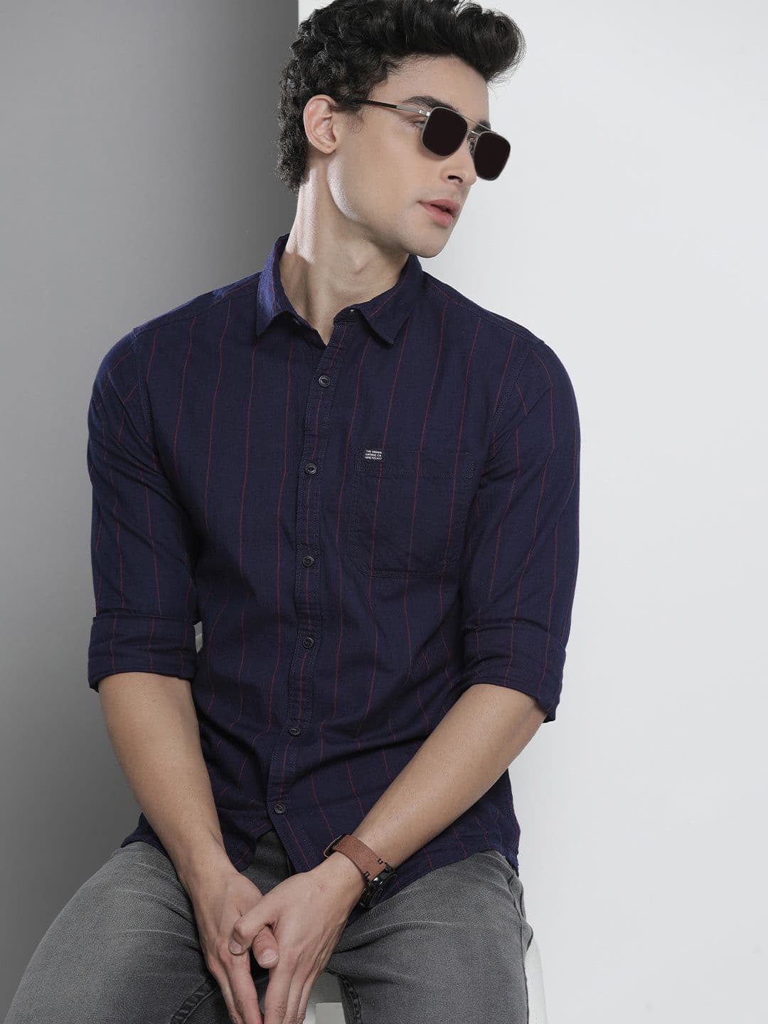 The Indian Garage Co Men Navy Blue Pinstripes Casual Shirt - view 1