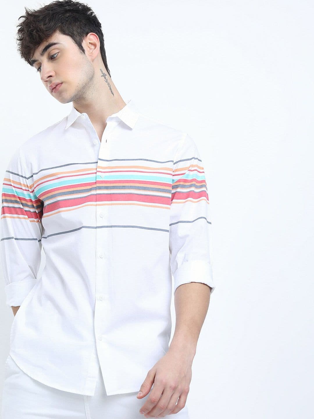 HIGHLANDER Men White Slim Fit Striped Casual Shirt - view 1