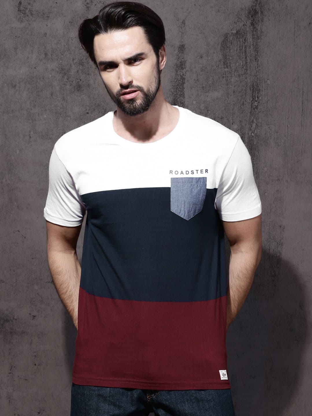 Roadster Men White & Navy Colourblocked T-shirt with Woven Pocket - view 1
