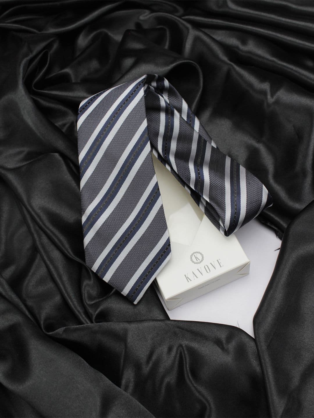 Kavove Men Grey & Navy Blue Striped Broad Tie - view 1