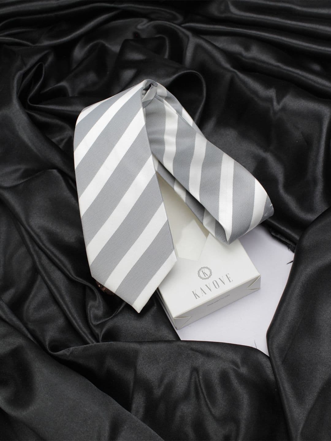 Kavove Men Grey & White Striped Broad Neck Tie - view 1