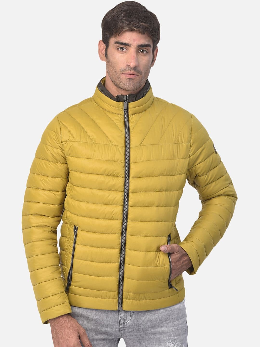 Woodland Men Mustard Striped Water Resistant Puffer Jacket - view 1
