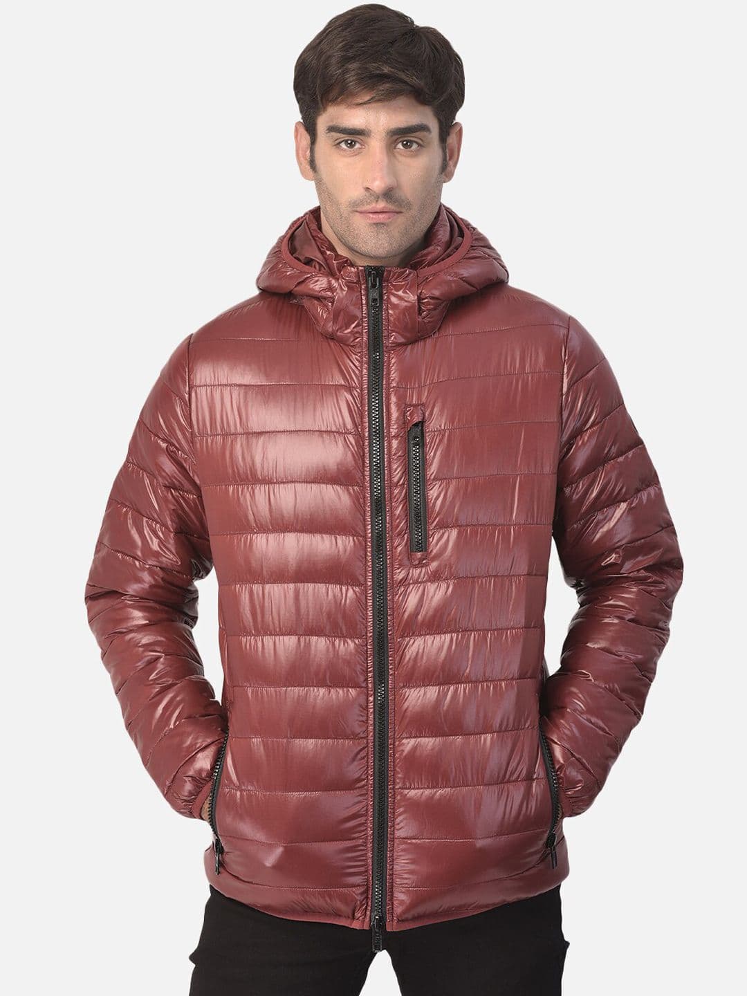 Woods Men Burgundy Water Resistant Hooded Bomber Jacket - view 1