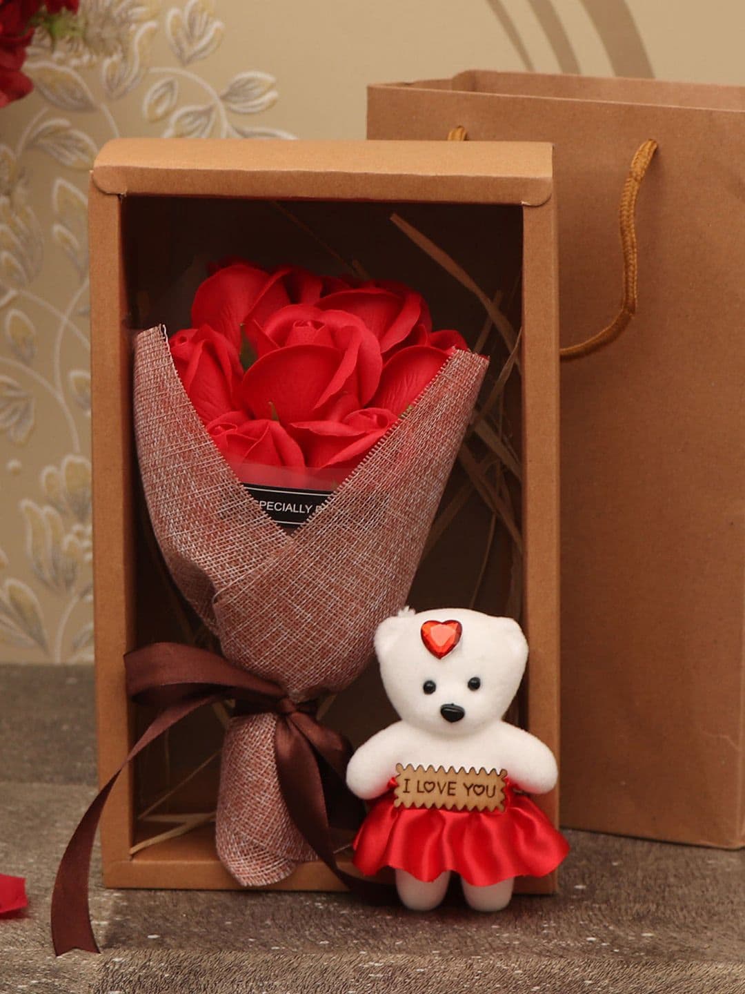 TIED RIBBONS Red Artificial Rose Bouquet With Mini Teddy Valentine Day Gift - view 1