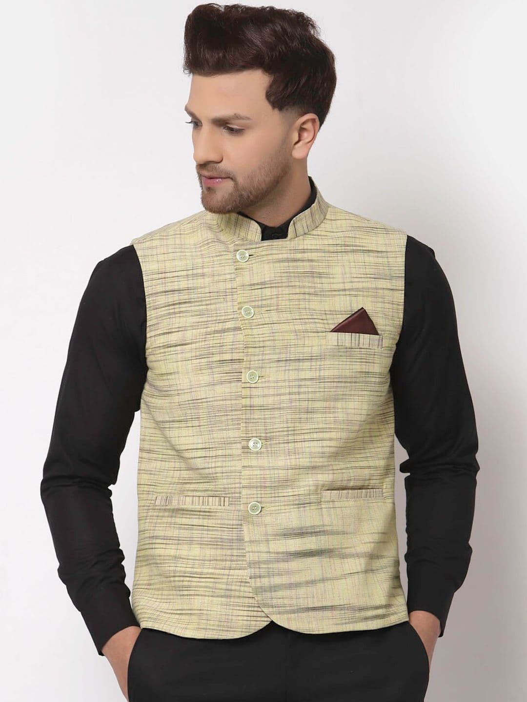 KLOTTHE Men Yellow & Black Woven Design Cotton Nehru Jacket - view 1