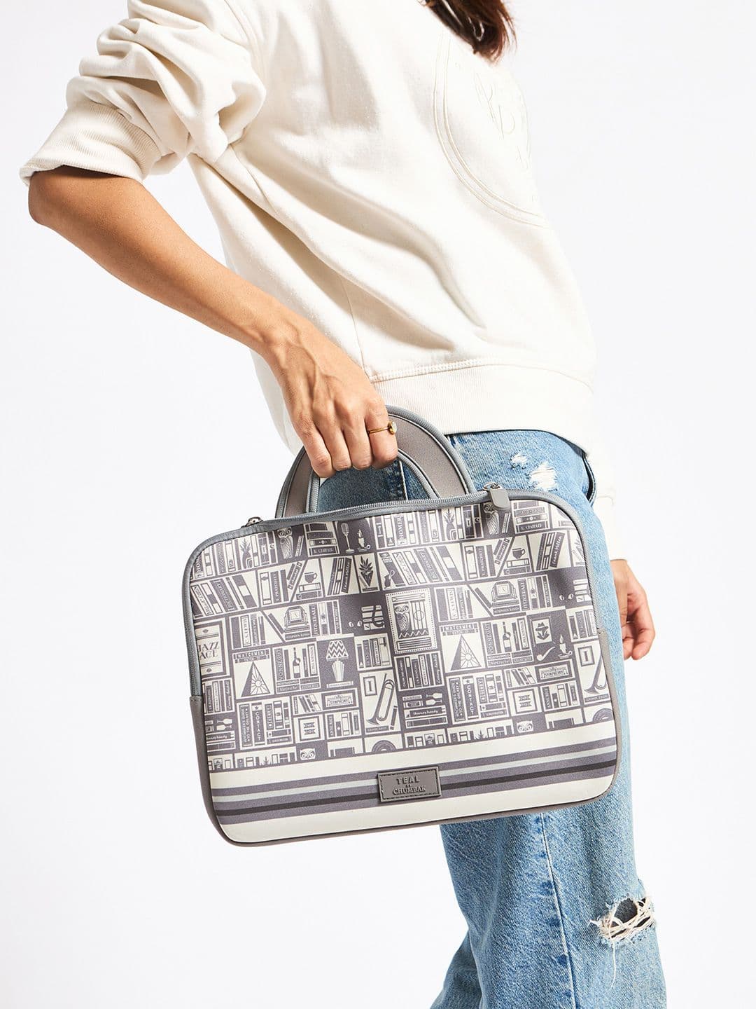 TEAL BY CHUMBAK Unisex Grey & Off White Printed 15inch Laptop Sleeve - view 1