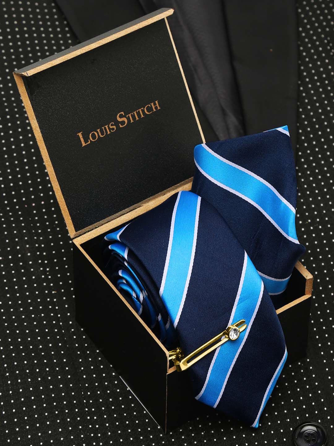 LOUIS STITCH Men Striped Italian Silk Necktie Accessory Gift Set - view 1