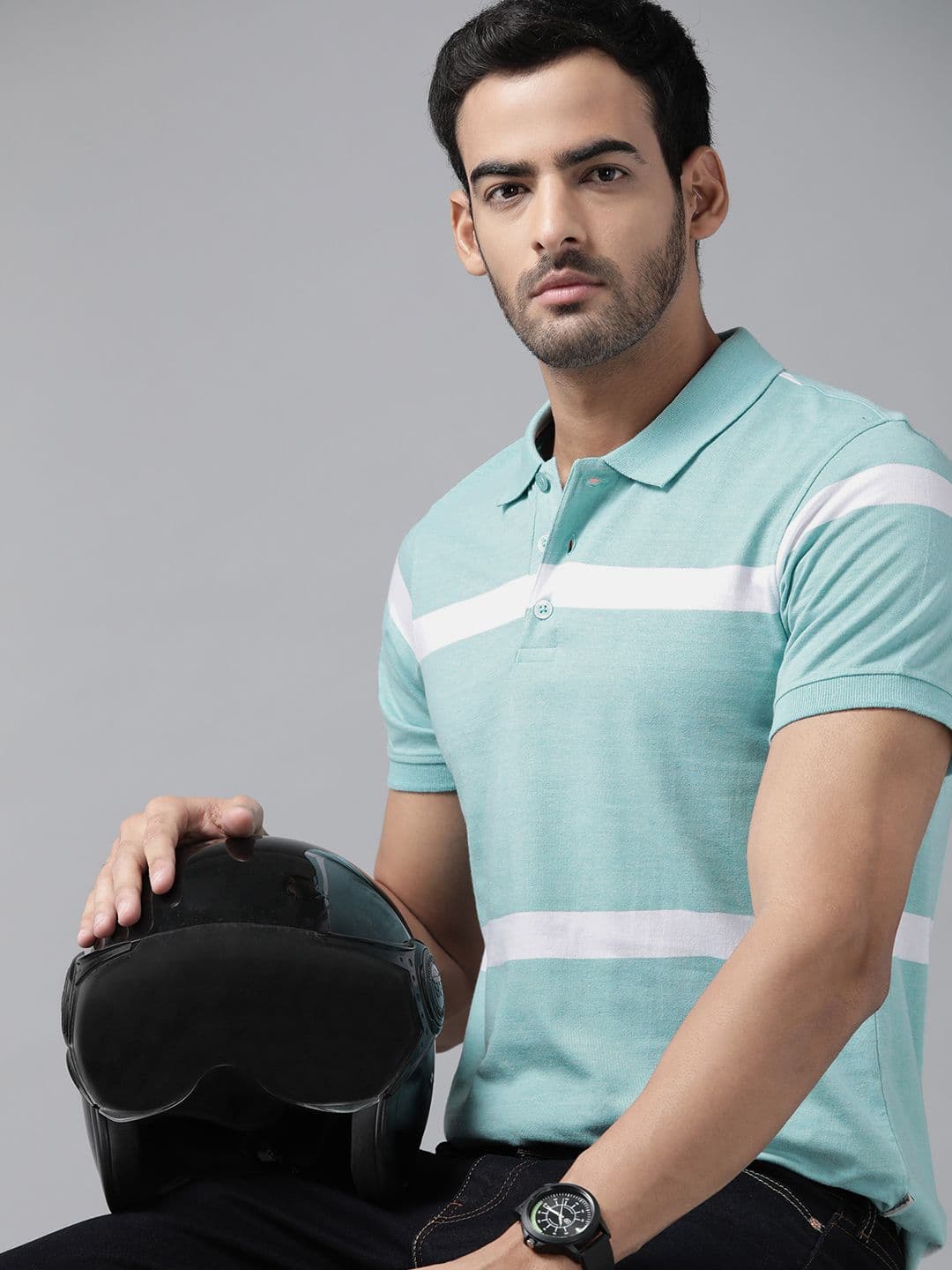 Roadster Men Blue & White Striped Polo Collar T-shirt - view 1