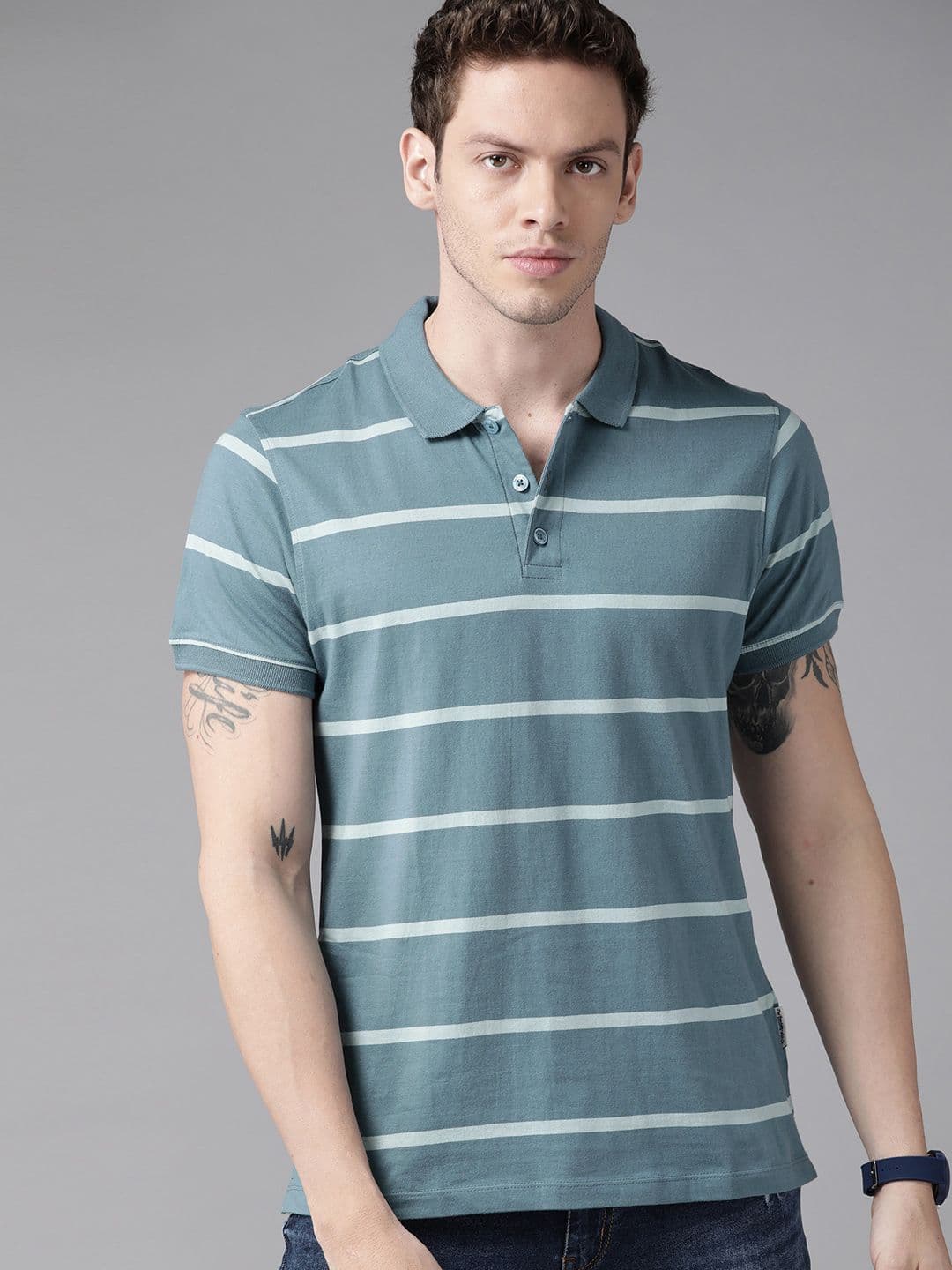 Roadster Men Blue Striped Polo Collar Pure Cotton T-shirt - view 1