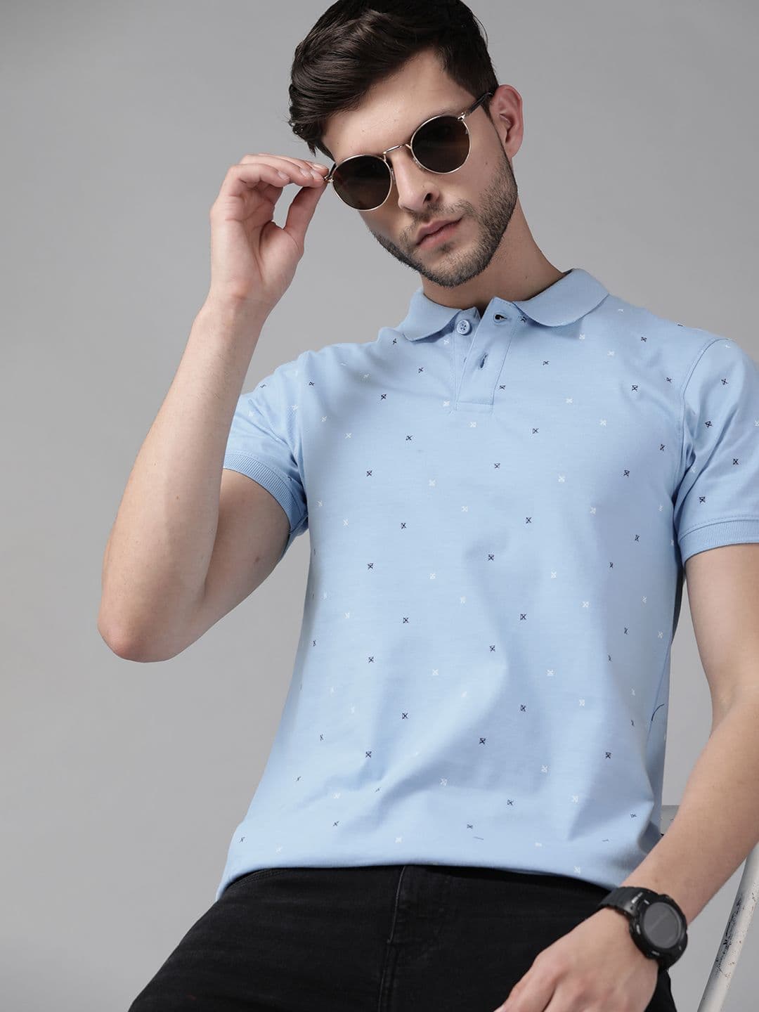 Roadster Men Blue Pure Cotton Printed Polo Collar T-shirt - view 1