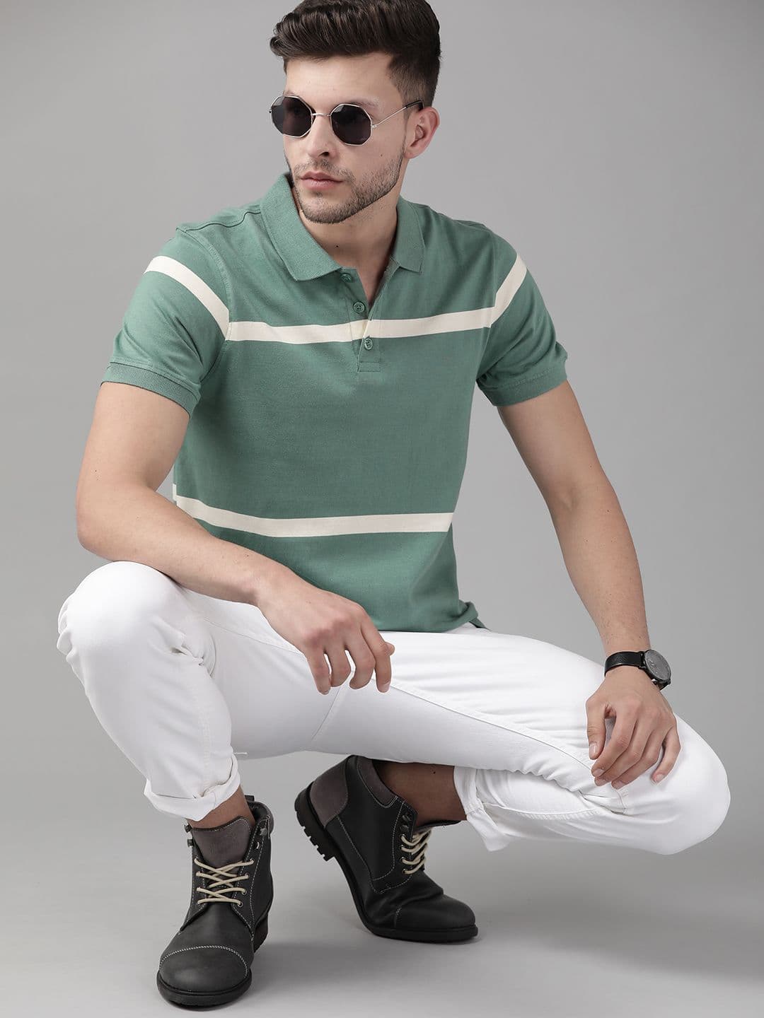 Roadster Men Green & Cream-Coloured Striped Pure Cotton Polo Collar T-shirt - view 1