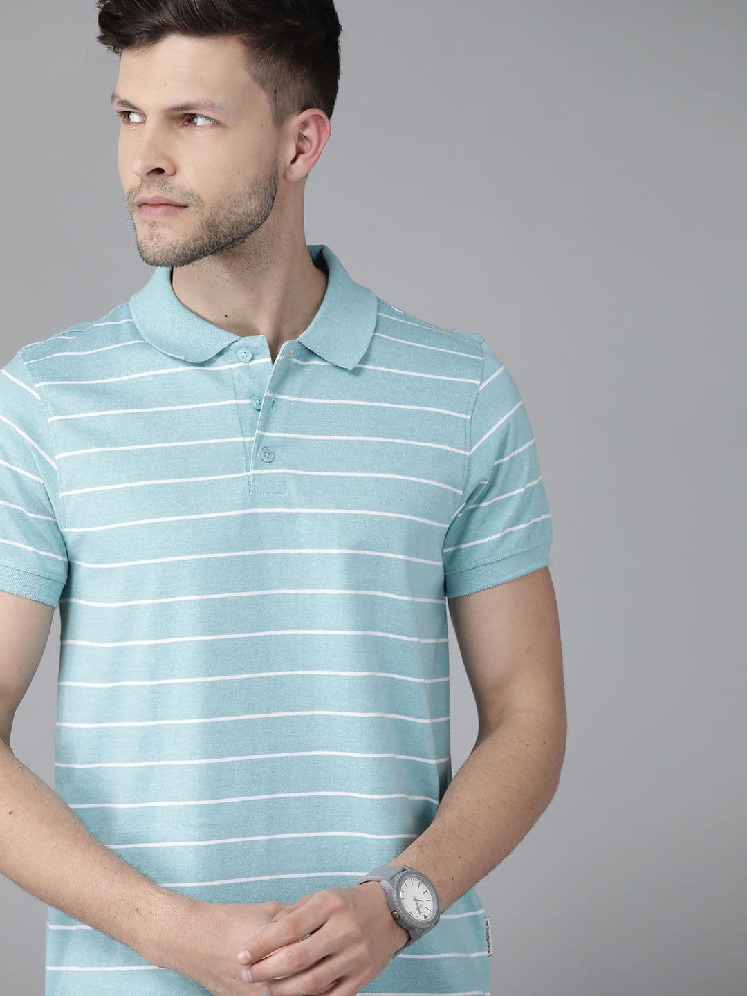 Roadster Men Blue & White Striped Polo Collar T-shirt - view 1