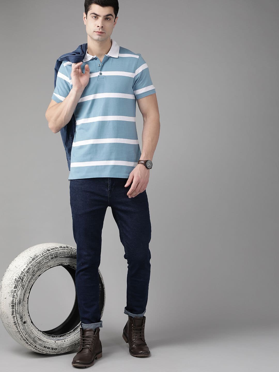 Roadster Men Blue & Off White Striped Pure Cotton Polo Collar T-shirt - view 1