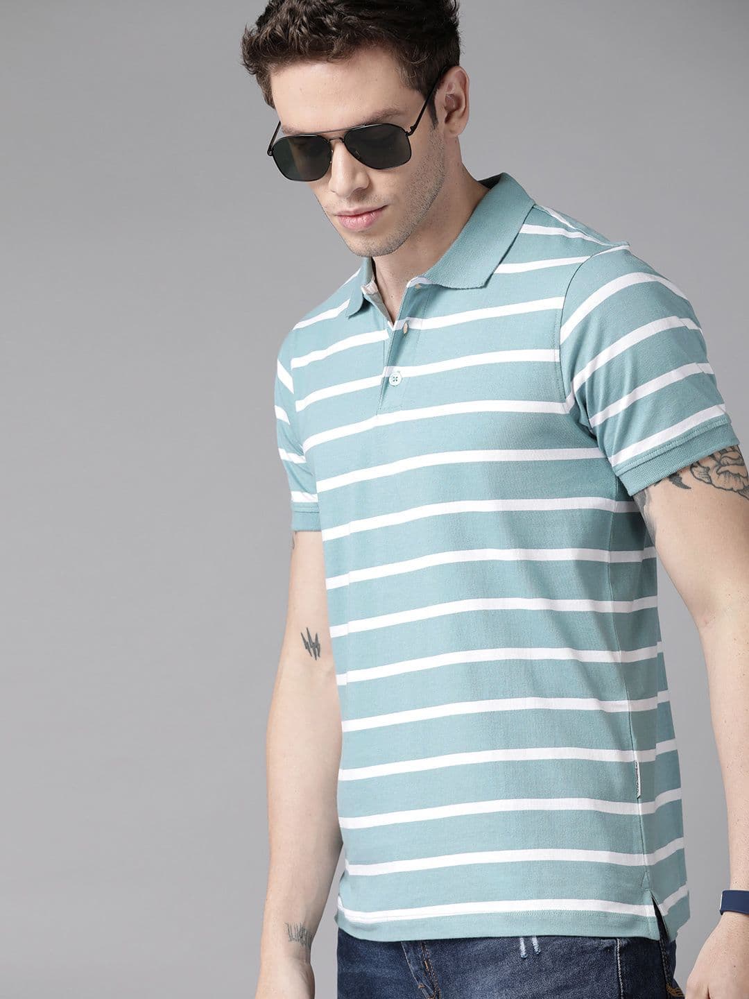 Roadster Men Blue & White Striped Polo Collar Pure Cotton T-shirt - view 1