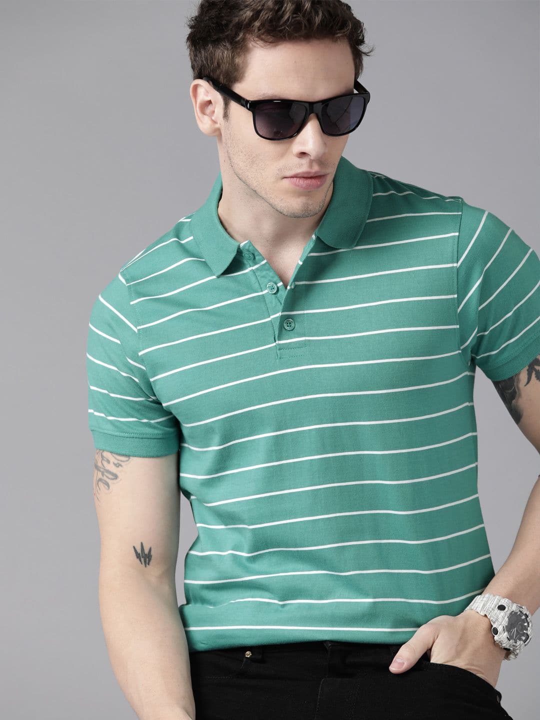 Roadster Men Sea Green & White Striped Polo Collar Pure Cotton T-shirt - view 1