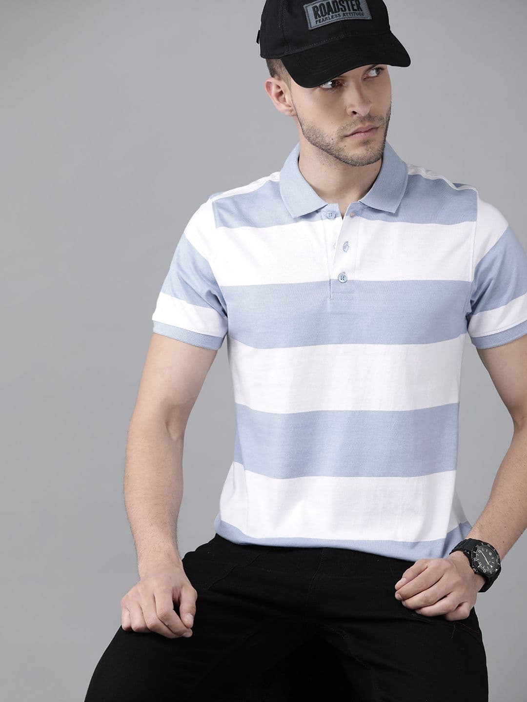 Roadster Men White & Blue Striped Polo Collar Pure Cotton T-shirt - view 1