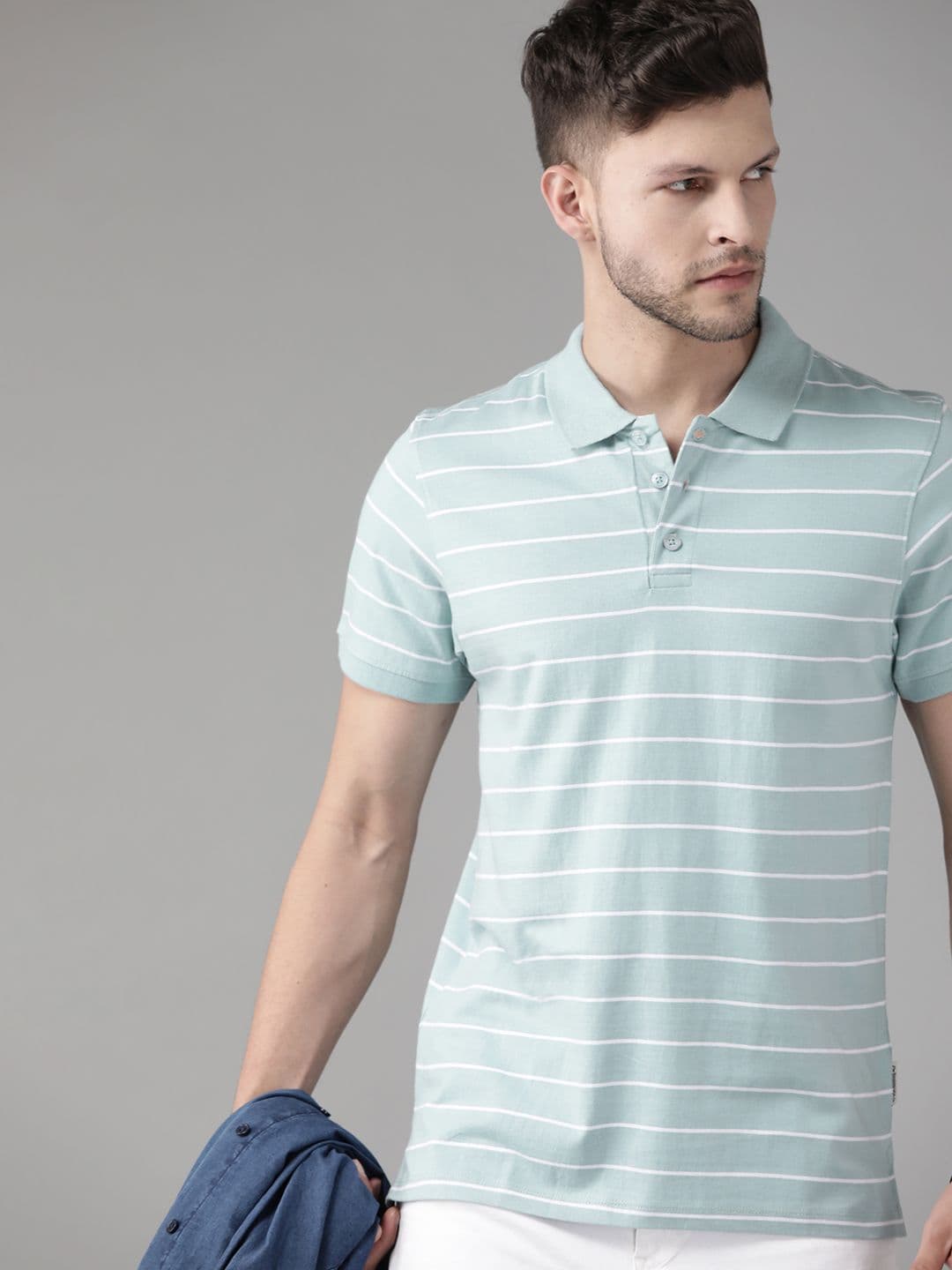 Roadster Men Blue & White Striped Polo Collar Cotton T-shirt - view 1