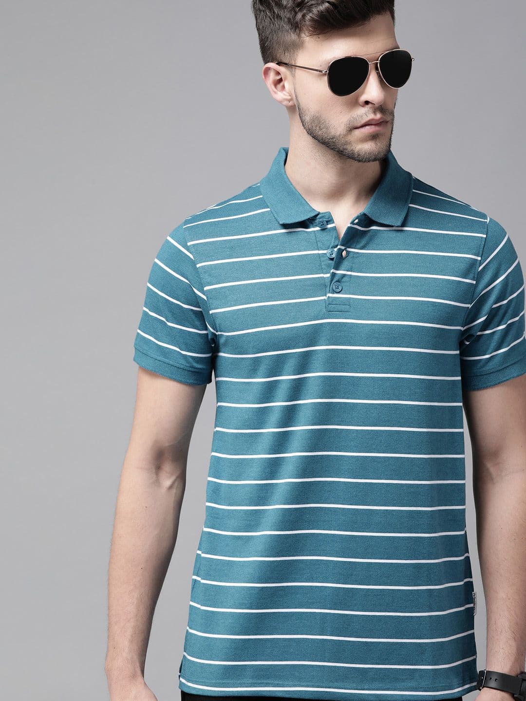Roadster Men Teal Blue & White Striped Polo Collar T-shirt - view 1