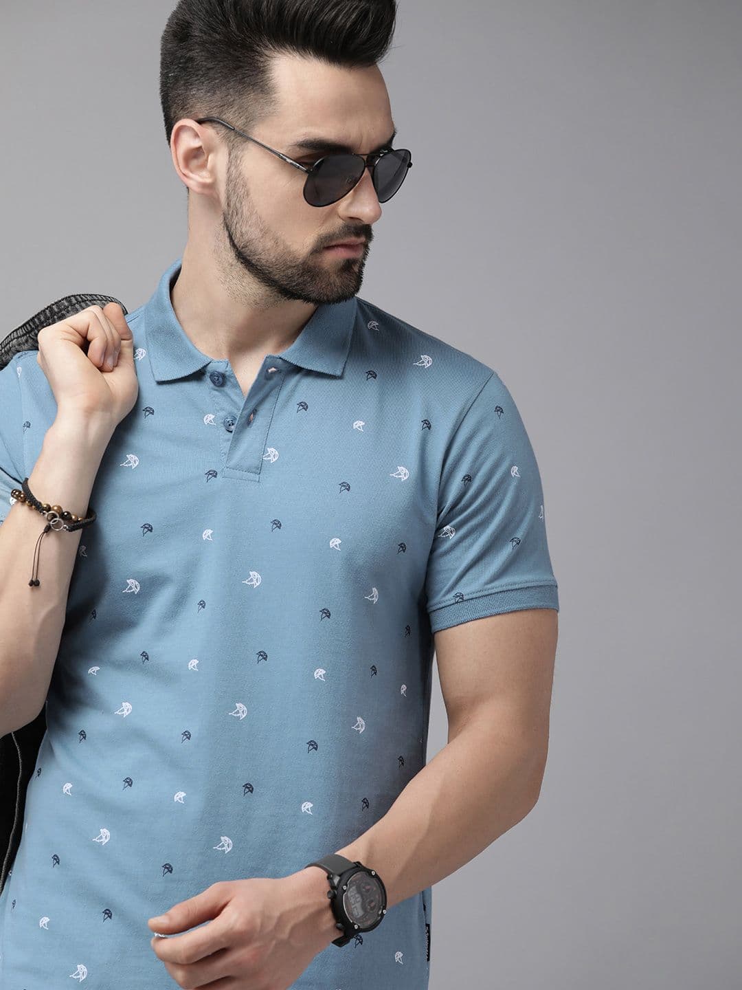 The Roadster Lifestyle Co. Men Blue Printed Cotton Polo Collar T-shirt - view 1