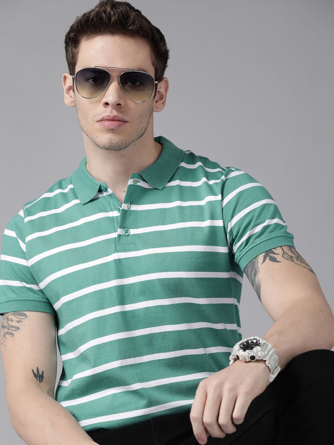 Roadster Men Sea Green & White Striped Polo Collar Pure Cotton T-shirt - view 1