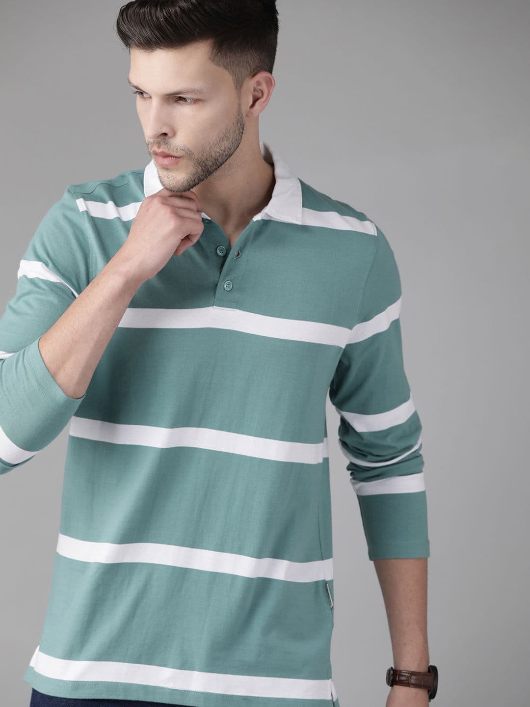 Roadster Men Blue & White Striped Polo Collar Pure Cotton T-shirt - view 1