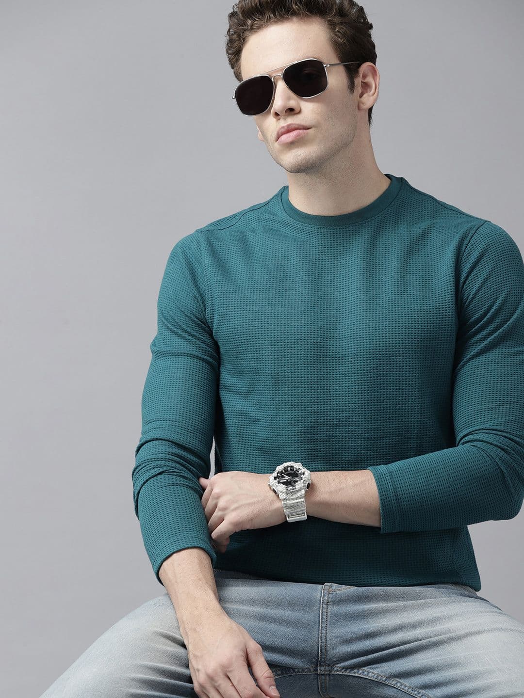 Roadster Men Teal Green Waffle Knit T-shirt - view 1