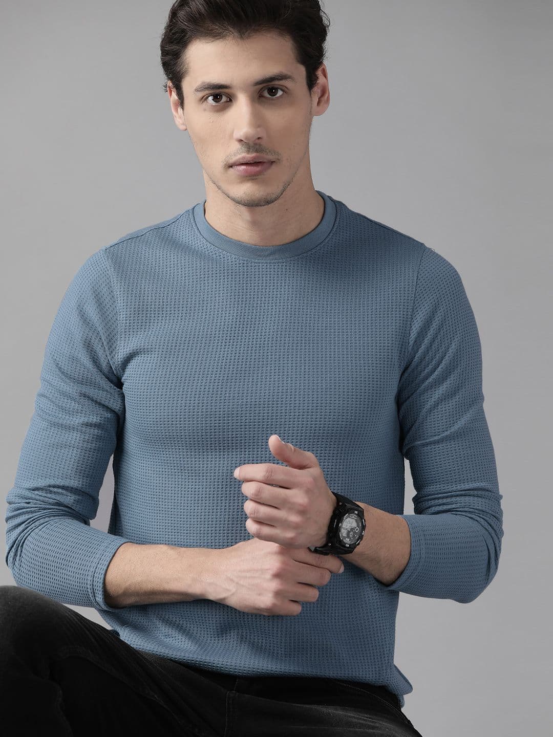 The Roadster Lifestyle Co Men Blue Waffle Knit T-shirt - view 1